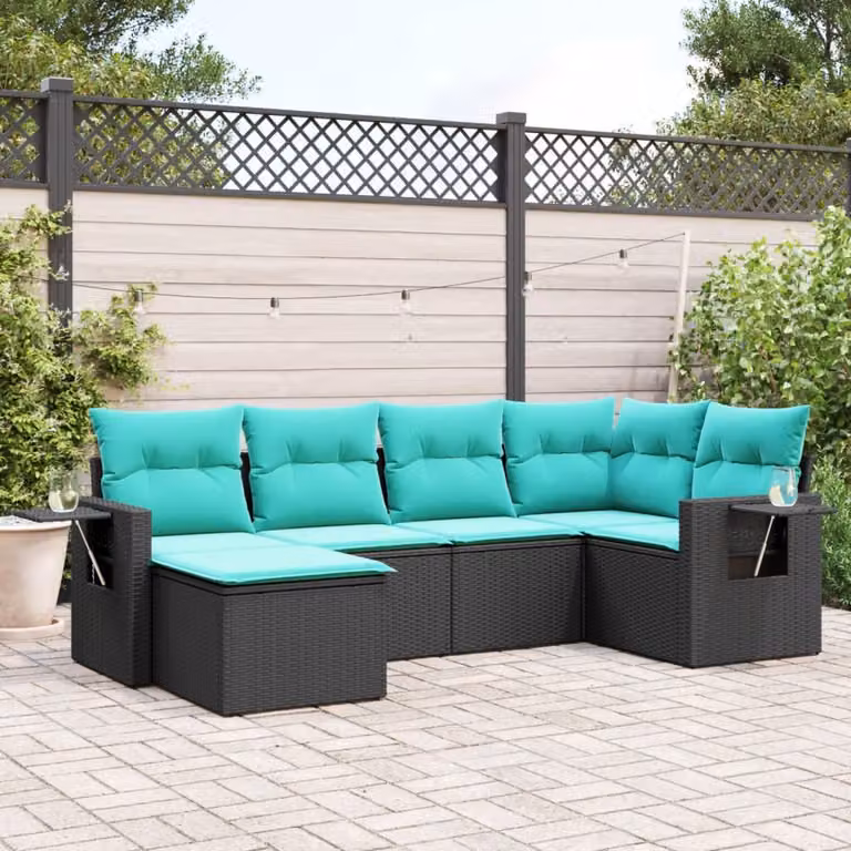 Set di divani da giardino vidaXL in polyrattan nero con cuscini, componibile a forma di L per esterno