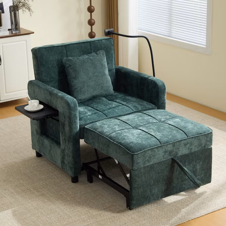 okwish Poltrona reclinabile Chenille, poltrona singola 2 in 1, schienale regolabile in 5 posizioni, vano portaoggetti, vassoio, supporto per cellulare, per il soggiorno, verde