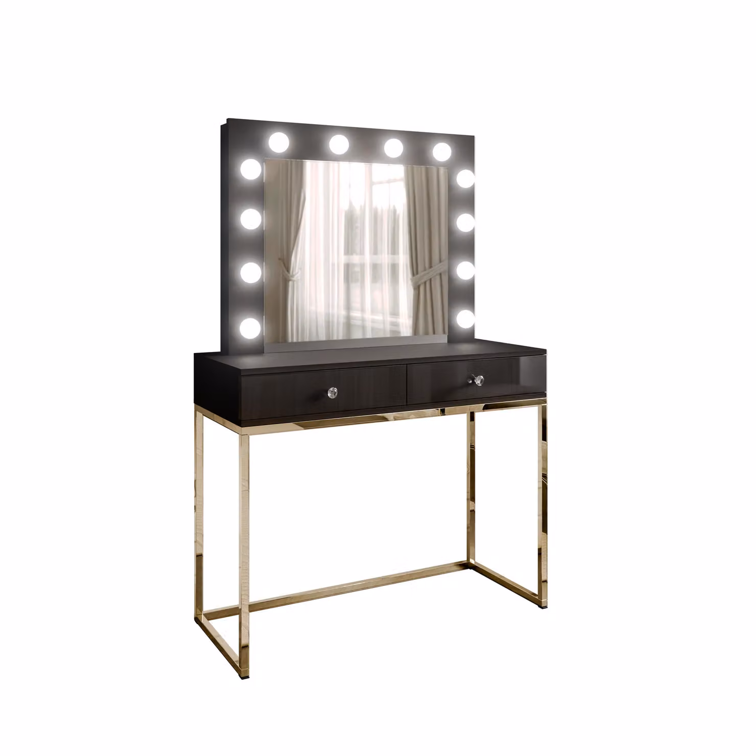 Specchiera BLANCO con specchio e illuminazione oro cromato, nero lucido, maniglie - cristallo bianco