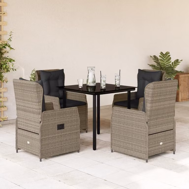 Set Pranzo da Giardino vidaXL in Polyrattan con Cuscini e Tavolo in Vetro, 5 Pezzi, Grigio e Nero