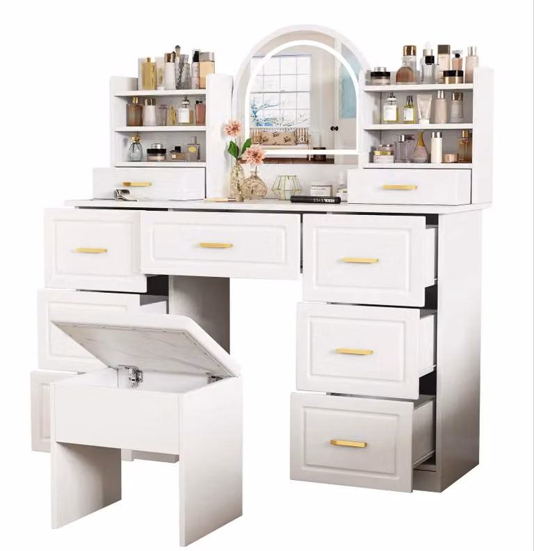 Tavolino da trucco - Specchiera da trucco - Tavolino da bellezza - Comodino da trucco - 9 cassetti - Illuminazione a LED - Materiale resistente