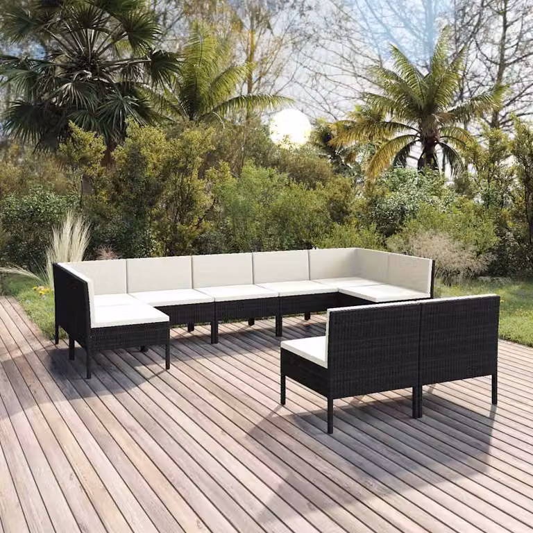Set di divani da giardino vidaXL 9 pz con cuscini, design moderno a forma di L in rattan nero e struttura in metallo con coperture rimovibili