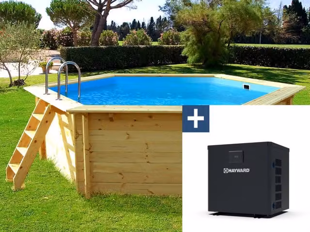 Piscina fuori terra rotonda Hawai di Habitat et Jardin in legno e metallo con mini pompa di calore 3,5kW, L: 410 cm, H: 118 cm, P: 116 cm, Grigio