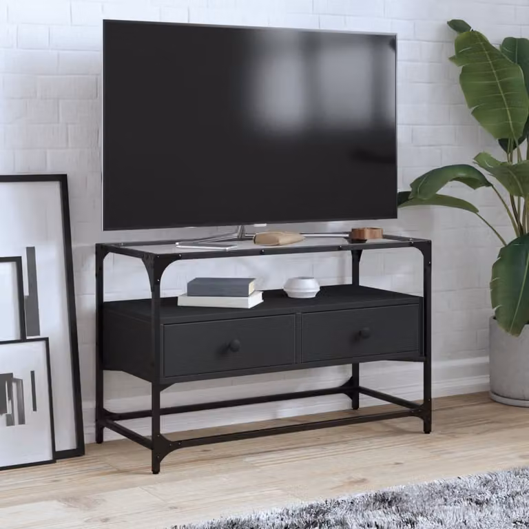 Mobile TV vidaXL in stile industriale con piano in vetro nero e legno multistrato, L: 80 cm, P: 35 cm, H: 51 cm