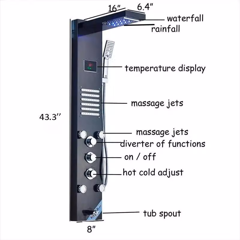 Pannello doccia LED - Doccia a pioggia e cascata 8004 - Ugelli per massaggio corporeo - Display digitale della temperatura - Miscelatore per vasca con erogatore - Acciaio inossidabile 304 - Nero