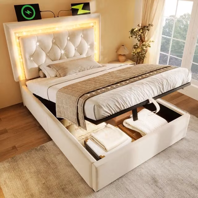 Letto singolo imbottito 90x200 cm in velluto beige con LED; USB; contenitore e materasso