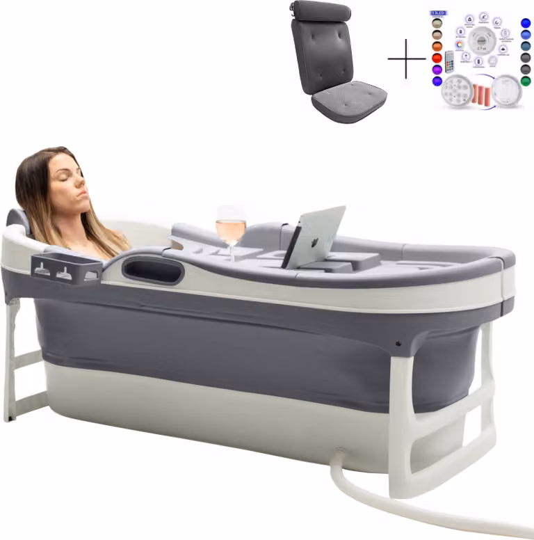 HelloBath® vasca da bagno pieghevole per adulti e bambini XL, 148 cm - con cuscino copertura per riporre gli oggetti e lampada da bagno - grigio scuro