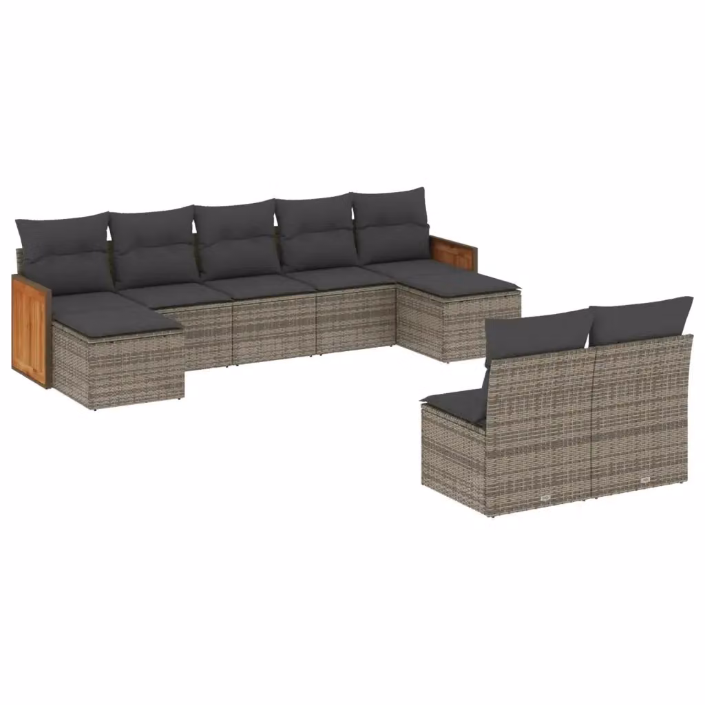 vidaXL Set Divano da Giardino 9 pz in Polyrattan Grigio con Cuscini e Struttura in Legno di Acacia – 2