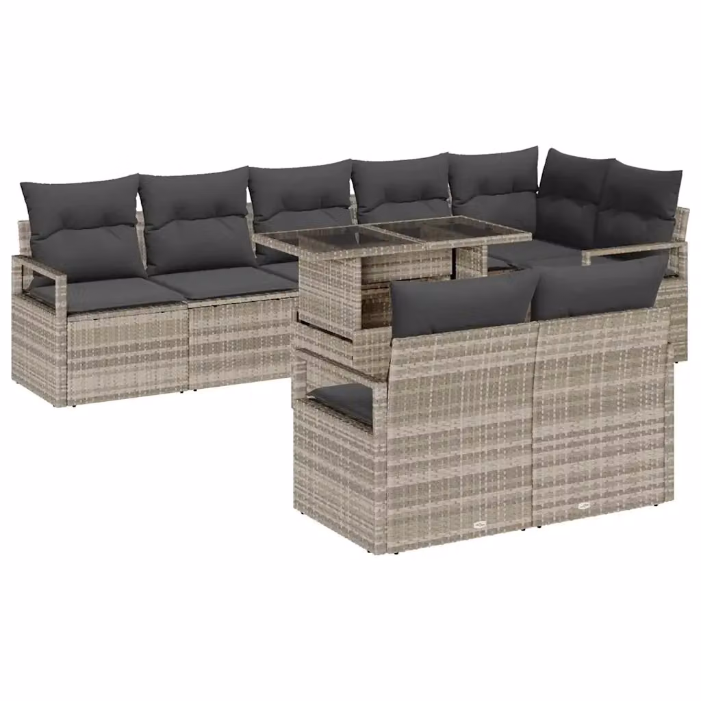 vidaXL Set Divano da Giardino 9 Pezzi a Forma di U con Tavolino, Polyrattan e Cuscini, Grigio – 2