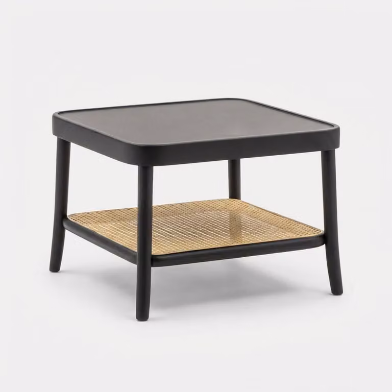 Tavolino quadrato in legno laccato con ripiano in vimini viennese Thomas - Nero