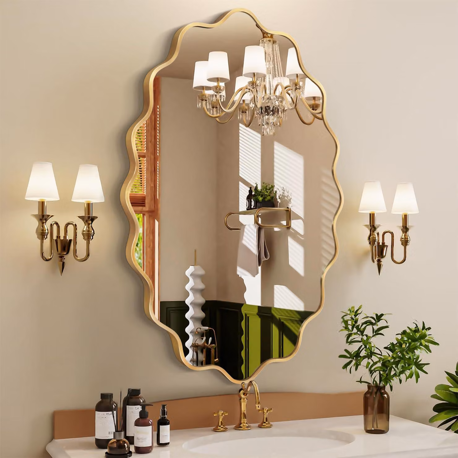Specchio da parete ovale, con superficie ondulata, cornice in alluminio spazzolato, 90x60 cm, color oro