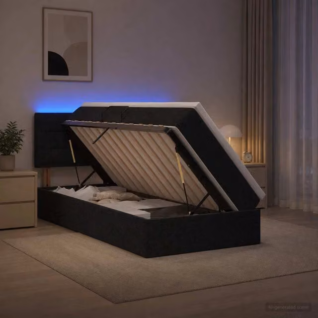 Letto con contenitore vidaXL in tessuto nero con illuminazione LED e porta USB, L/P/H: 100 x 200 x 88 cm