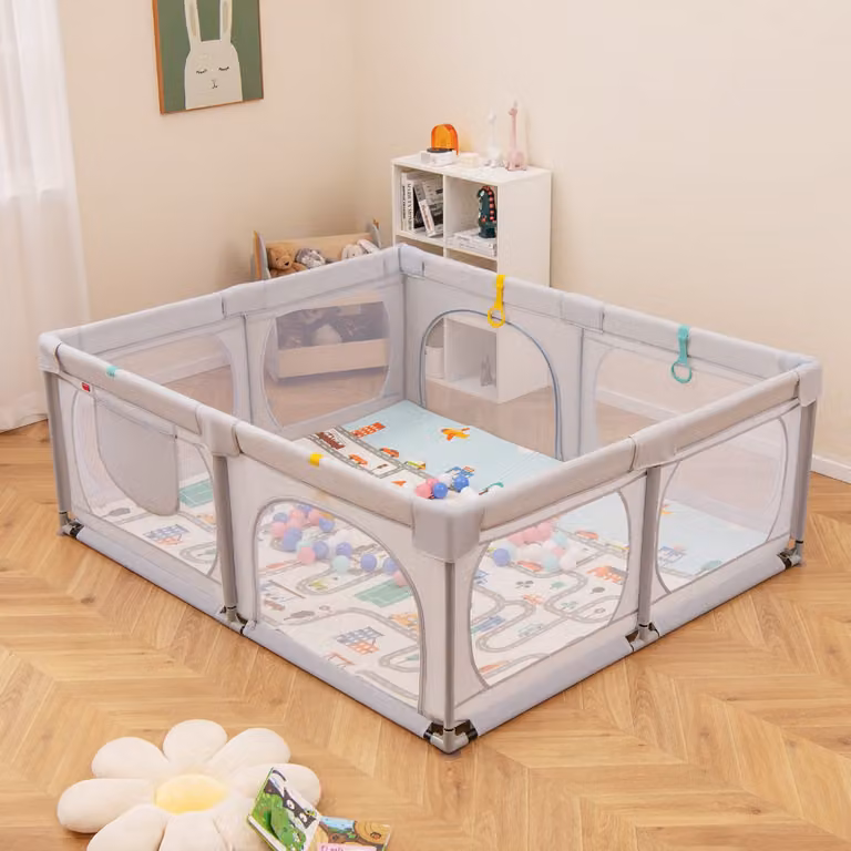 Costway Recinto per bambini con materassino, 4 anelli e 50 palline colorate, Grigio chiaro, L: 189 cm, P: 158 cm