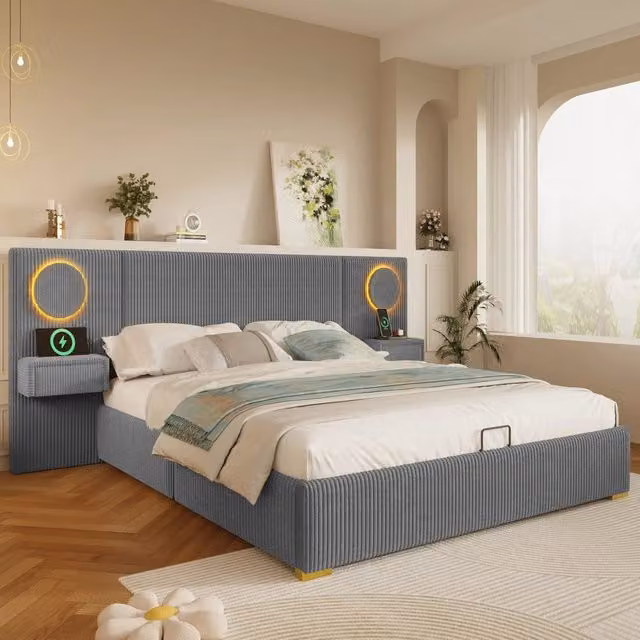 Letto imbottito 180x200 cm con contenitore; LED e porte USB in velluto grigio
