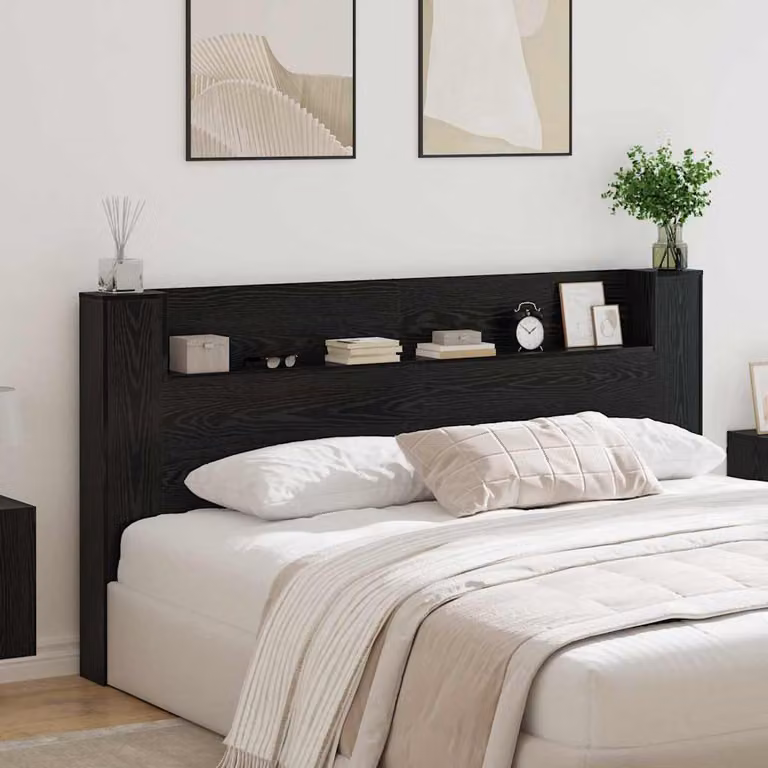 Testiera con stoccaggio vidaXL in legno ingegnerizzato nero con illuminazione LED, mensola e porta USB