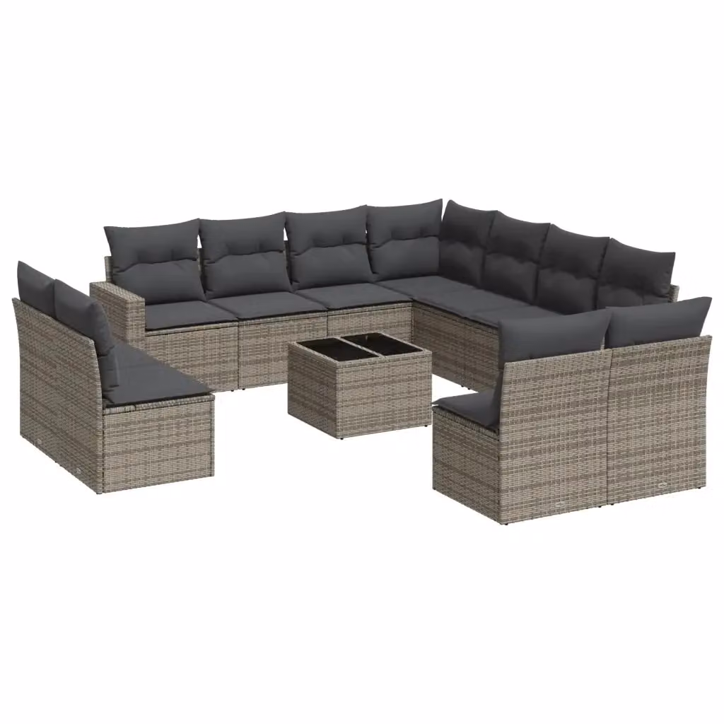 vidaXL Set Divani da Giardino 12 pz a Forma a U in Polyrattan Grigio con Cuscini e Tavolino da Esterno – 2