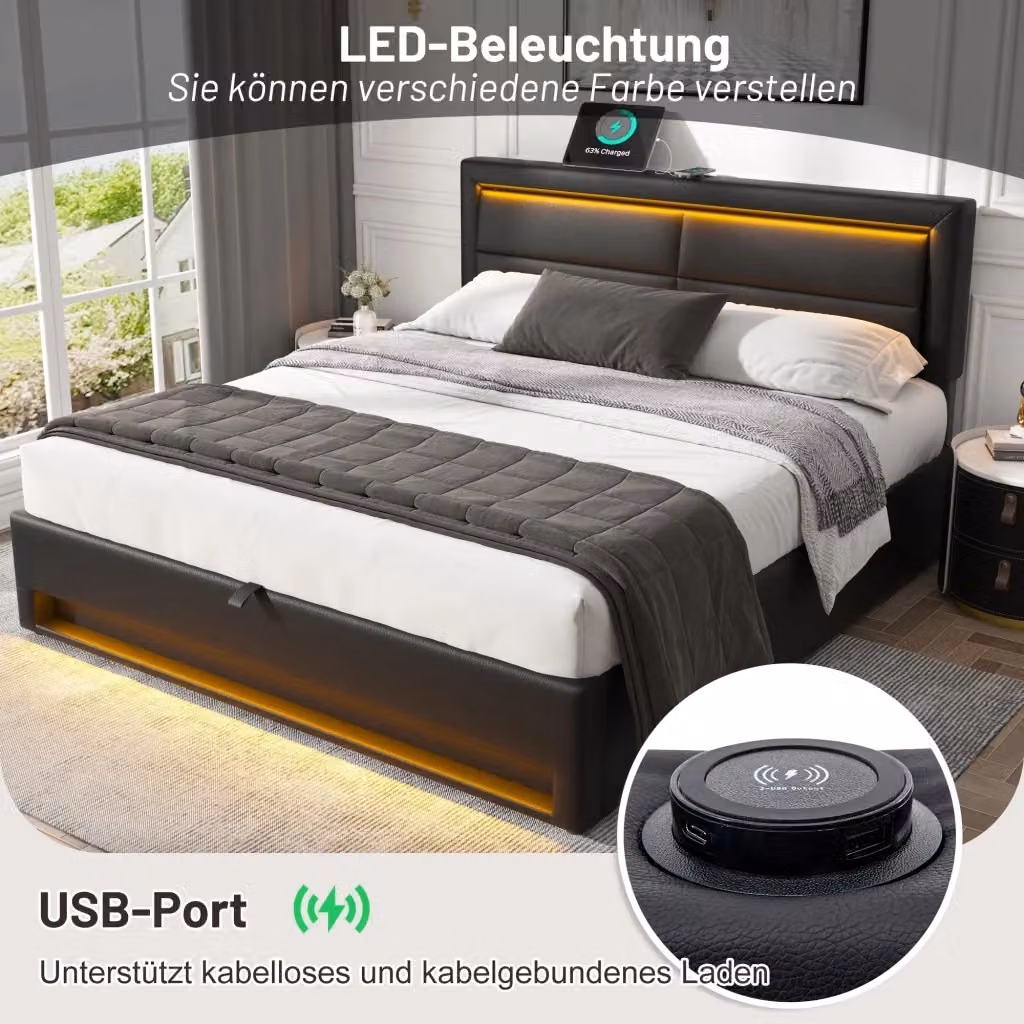 Letto imbottito REDOM con contenitore, porta USB e illuminazione LED, rivestimento in ecopelle nera, L/P: 140 x 190 cm – 2