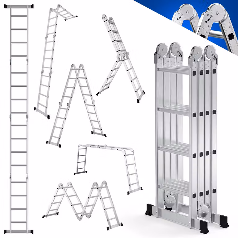Scala alluminio pieghevole a 4 gradini, modello multifunzione, ideale per uso domestico, colore argento, portata massima 150 kg