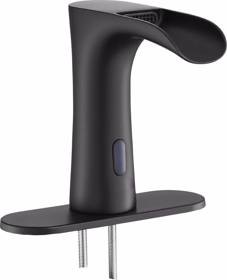 Rubinetto touchless per lavabo da bagno, rubinetto automatico con sensore di movimento a cascata per WC con piastra di copertura del foro, sensore elettronico moderno per acqua calda/fredda per tubi da 9,5 mm per uso commerciale, nero opaco