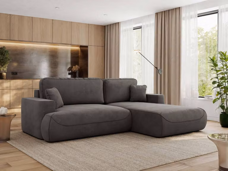 MKS MEBLE divano angolare OVO con funzione letto e box letto, velluto grigio scuro, divano a L, divano angolare a 4 posti, 271x195x95 cm - lato destro