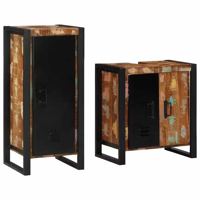 Set di mobili per il bagno moderno vidaXL in legno e metallo multicolore e nero con armadietto laterale a parete L/P/H: 90 x 41 x 35 cm e 55 x 35 x 41 cm