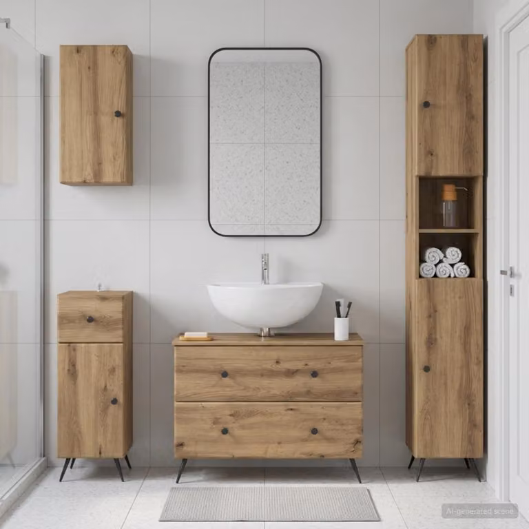 Set di mobili da bagno moderno vidaXL BREDA in legno rovere marrone composto da 4 pezzi con mobile lavabo e pensile a muro