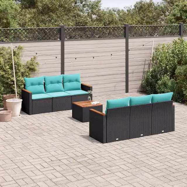 Set Divani da Giardino 7 pz con Cuscini Nero in Polyrattan 3225791