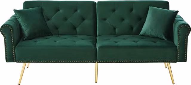 Divano letto ZR Home a 2 posti in velluto verde con piedi dorati e poggiatesta regolabile, L: 173 cm, P: 75 cm, H: 70 cm