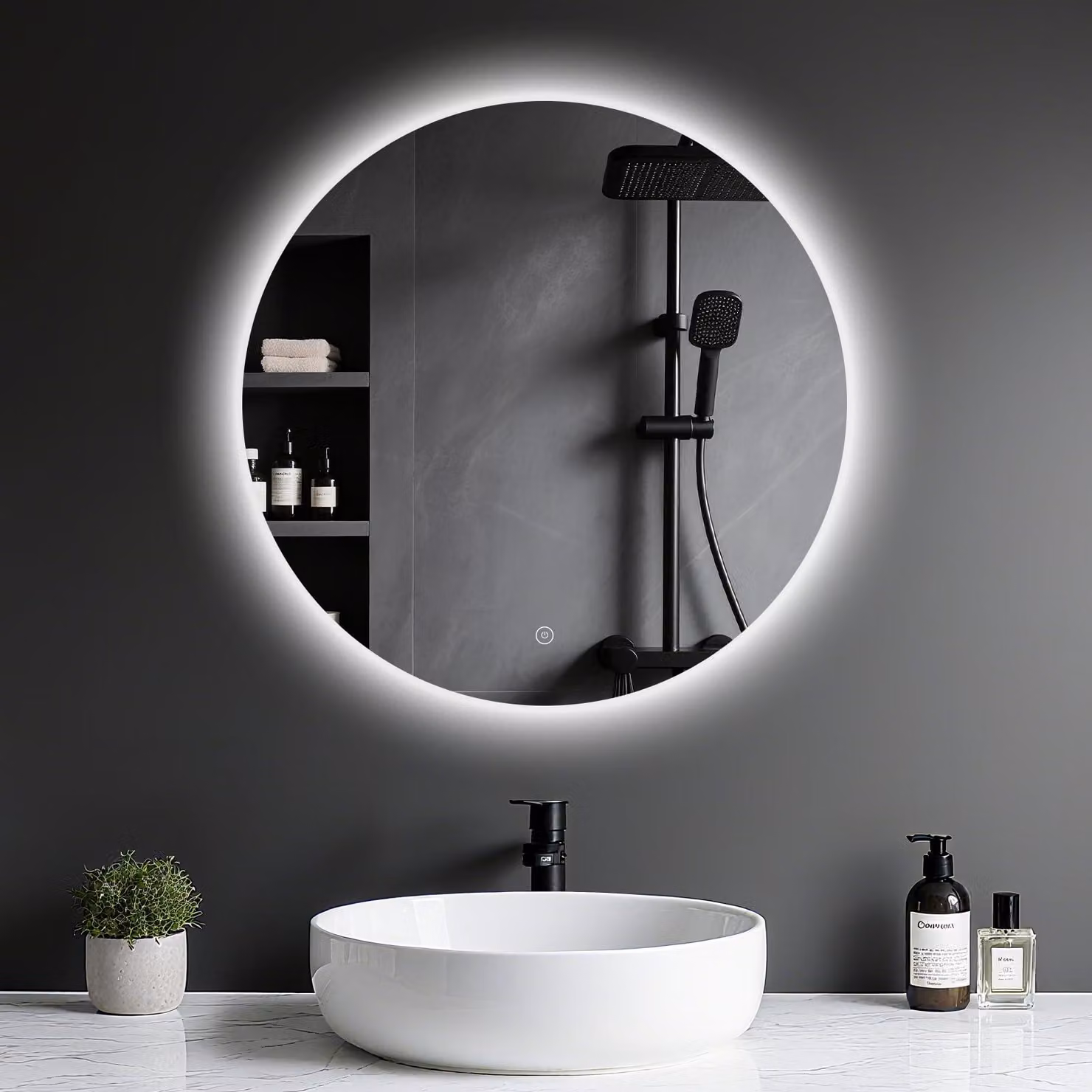 Specchio da bagno LED rotondo, diametro 50 cm, con dimmer, 3 tonalità di luce e interruttore touch