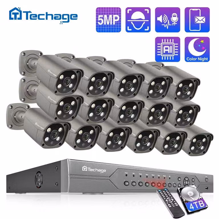Kit di telecamere di videosorveglianza CCTV con 16 canali, risoluzione 5MP, rilevamento umano tramite intelligenza artificiale e audio bidirezionale