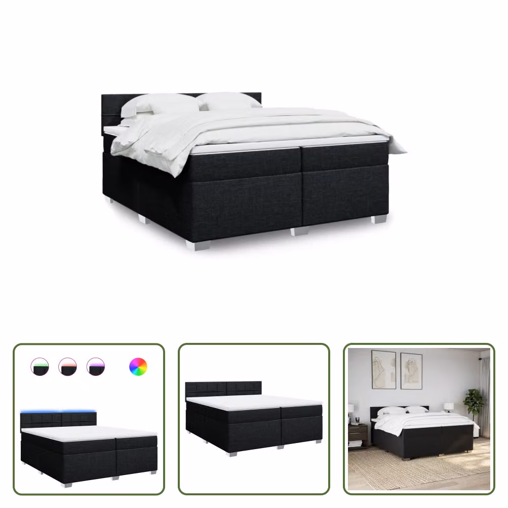 The Living Store Letto a molle con materasso nero 200x200 cm in tessuto