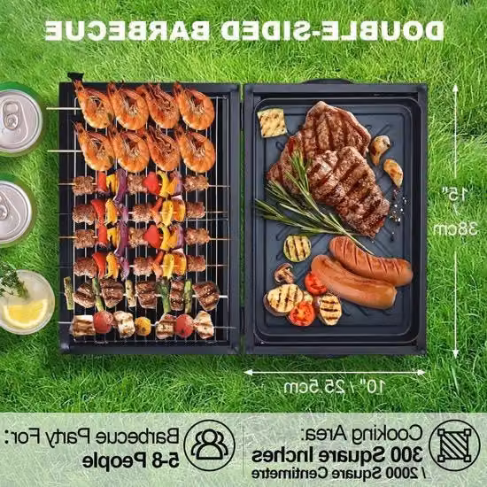 Griglia a carbone doppia faccia con griglia e padella per esterno - tavolo barbecue portatile per giardino terrazza barbecue campeggio - nero