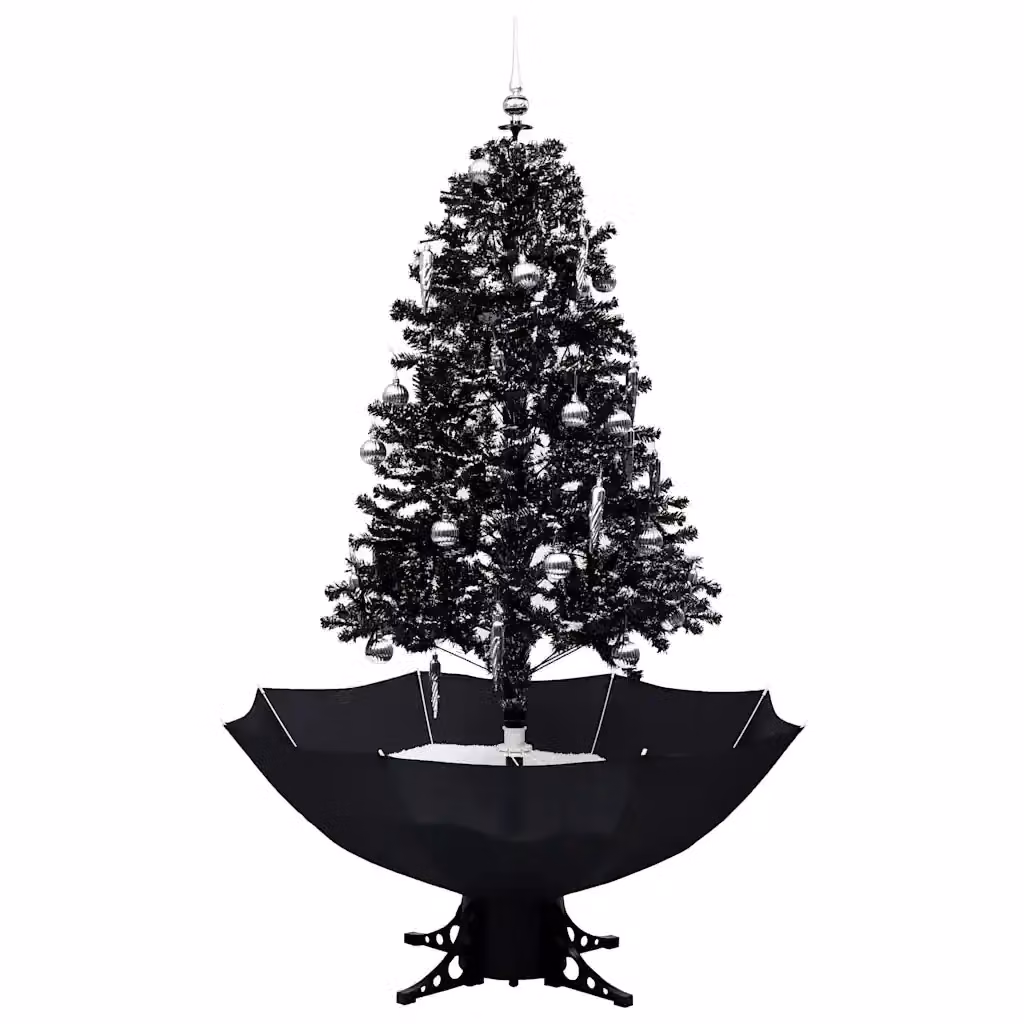 Albero di Natale vidaXL con Nevicata e Base ad Ombrello, Colore Nero, Argento e Bianco, Altezza: 170 cm – 2
