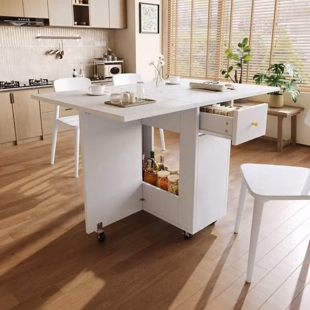 Tavolo da Pranzo Pieghevole Minimal con Ruote e 2 Cassetti Bianco L/P/H: 120 x 75 x 75 cm