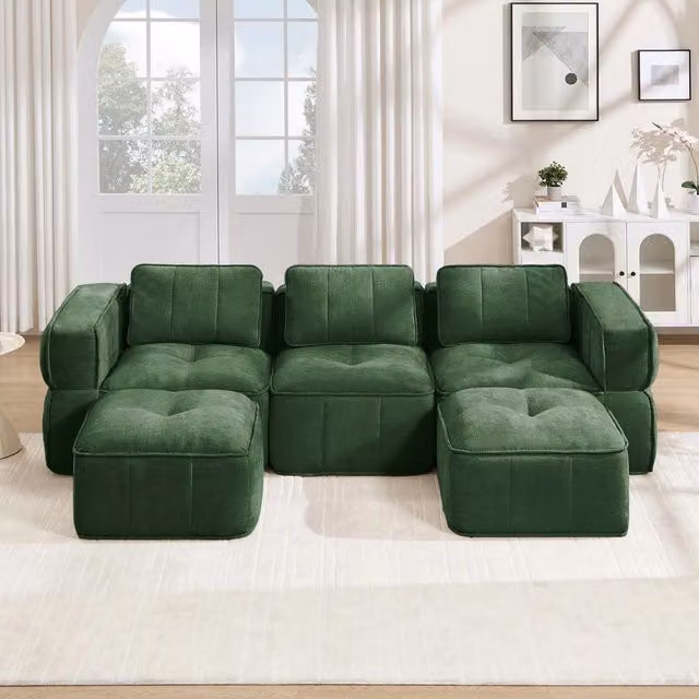 Divano 3 posti modulare ¨C Minimal ¨C Verde tessuto morbido, senza montaggio, con 2 poggiapiedi