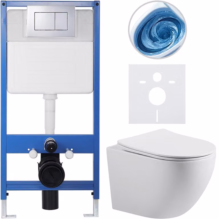 CERANO - Kit completo per WC sospeso modello Lite/Cesso - bianco lucido - pulsante per WC Classic, cromato - installazione a parete/cartongesso - 49x36 cm