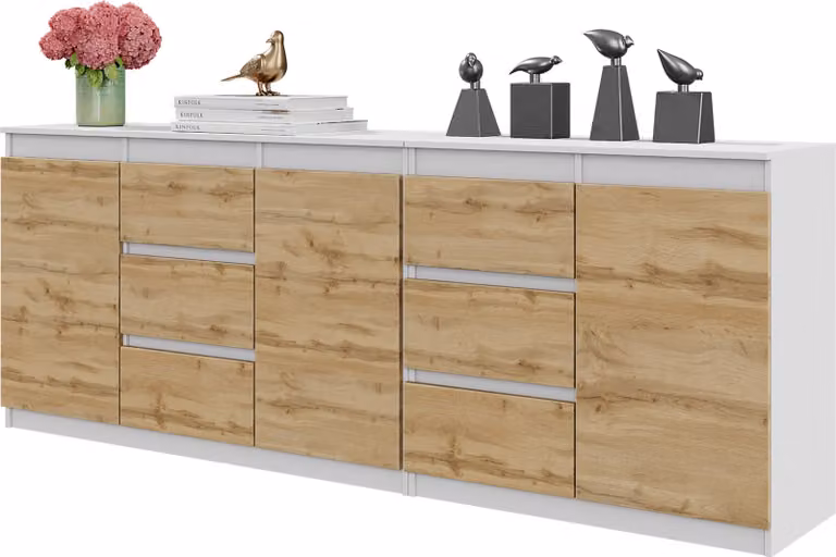 MIKEL - Cassettiera con 6 cassetti e 3 ante - Cassettiera per camera da letto Credenza - Bianco opaco / Rovere Wotan H75cm L200cm P35cm