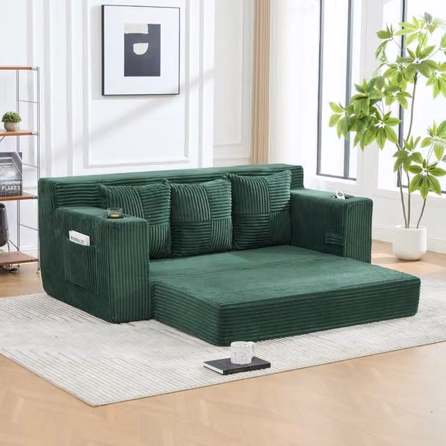 Divano tre posti modulare trasformabile 172 x 87 x 64 cm con portabicchieri; velluto a coste verde smeraldo