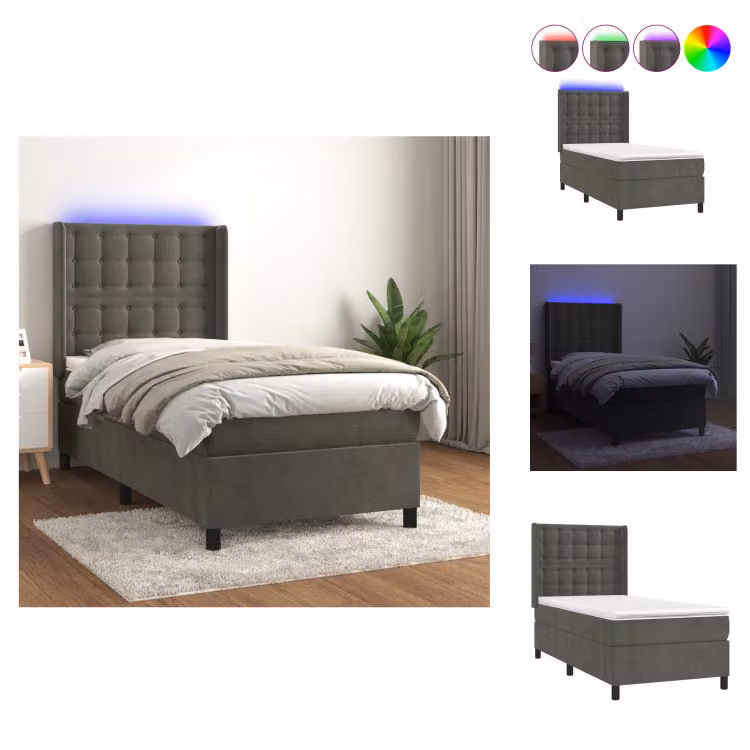 vidaXL Letto a molle con materasso e LED in velluto grigio scuro 80x200 cm - Letti & strutture letto