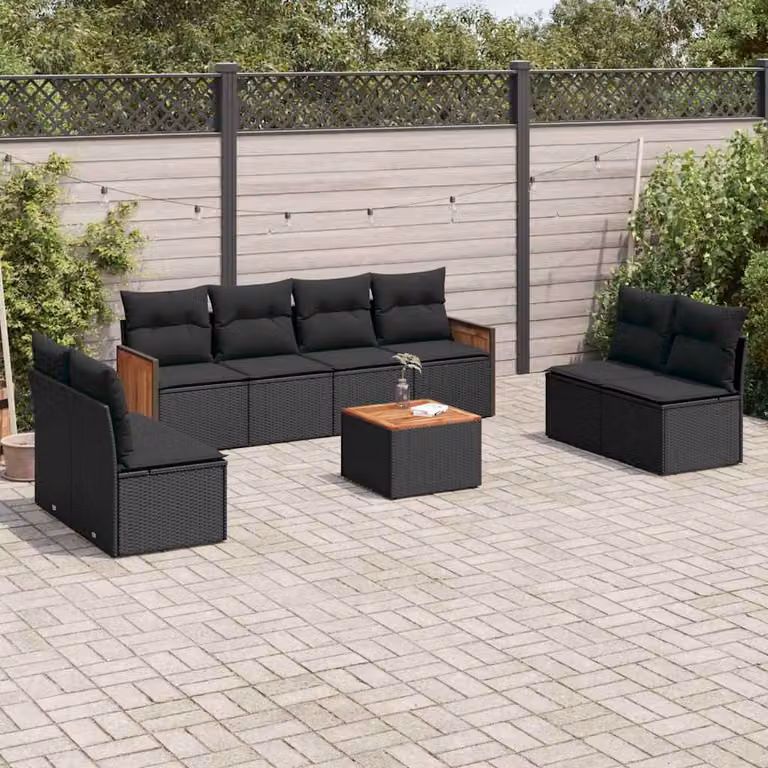 Set Divani da Giardino vidaXL 9 Pezzi in Polyrattan Nero con Cuscini Imbottiti e Tavolino