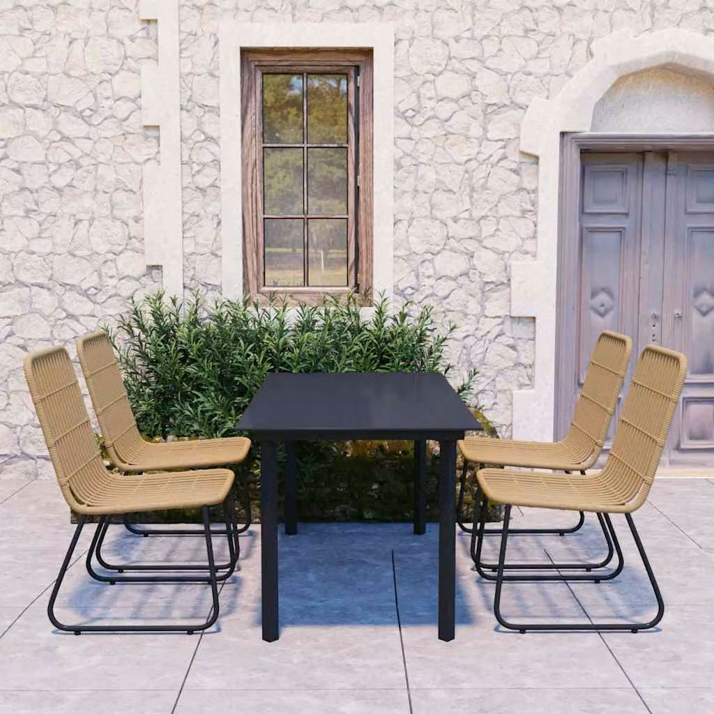 Set da pranzo da giardino vidaXL in 5 pezzi in polyrattan e vetro con cuscini rimovibili, marrone e nero