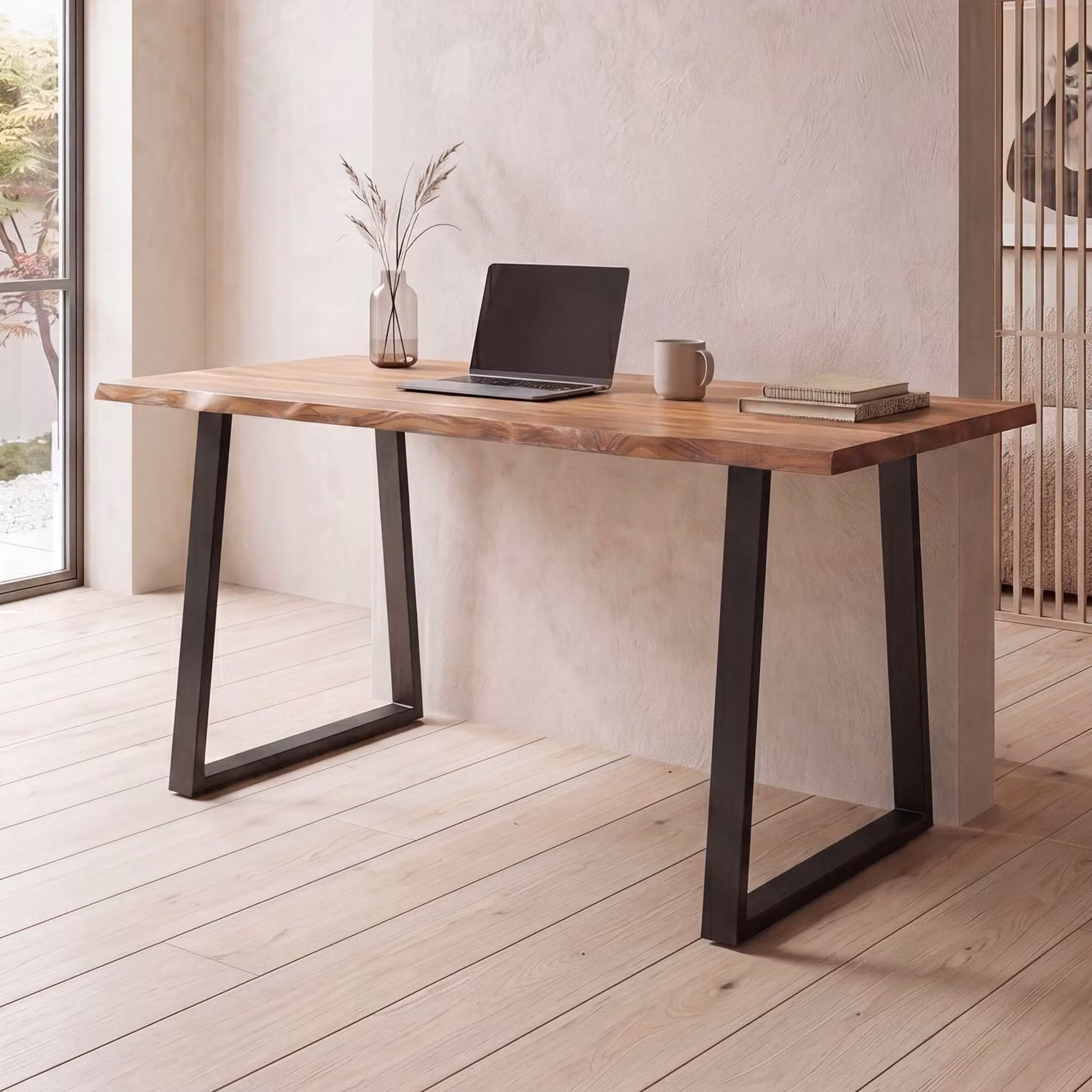 FineBuy Scrivania da 180 cm in legno massello di acacia e metallo, scrivania per computer con bordi naturali, scrivania da ufficio per l'home office, gambe trapezoidali in legno massello nero, tavolo in legno, tavolo per laptop
