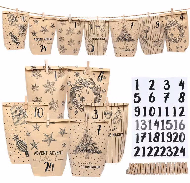 Set di 24 sacchetti per l'Avvento, realizzati in carta kraft, con numeri adesivi e graffette per il riempimento
