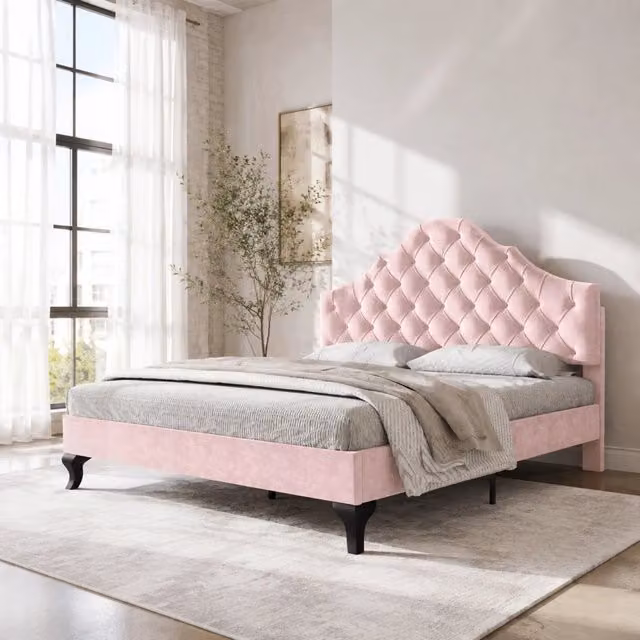 Letto imbottito 140x200 cm in velluto rosa con rete a doghe e testiera regolabile