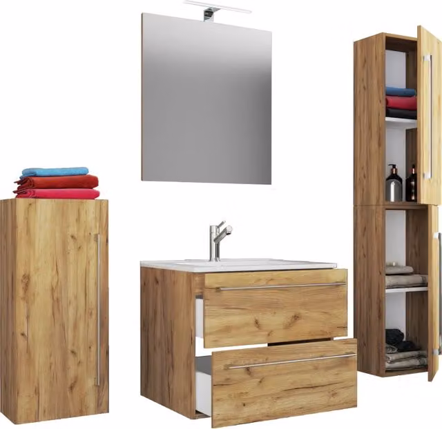 Set completo bagno Ezooza 5 pezzi in Rovere con mobile sospeso a 2 cassetti, lavabo grande in ceramica, colonna, mobile laterale e specchio con illuminazione LED