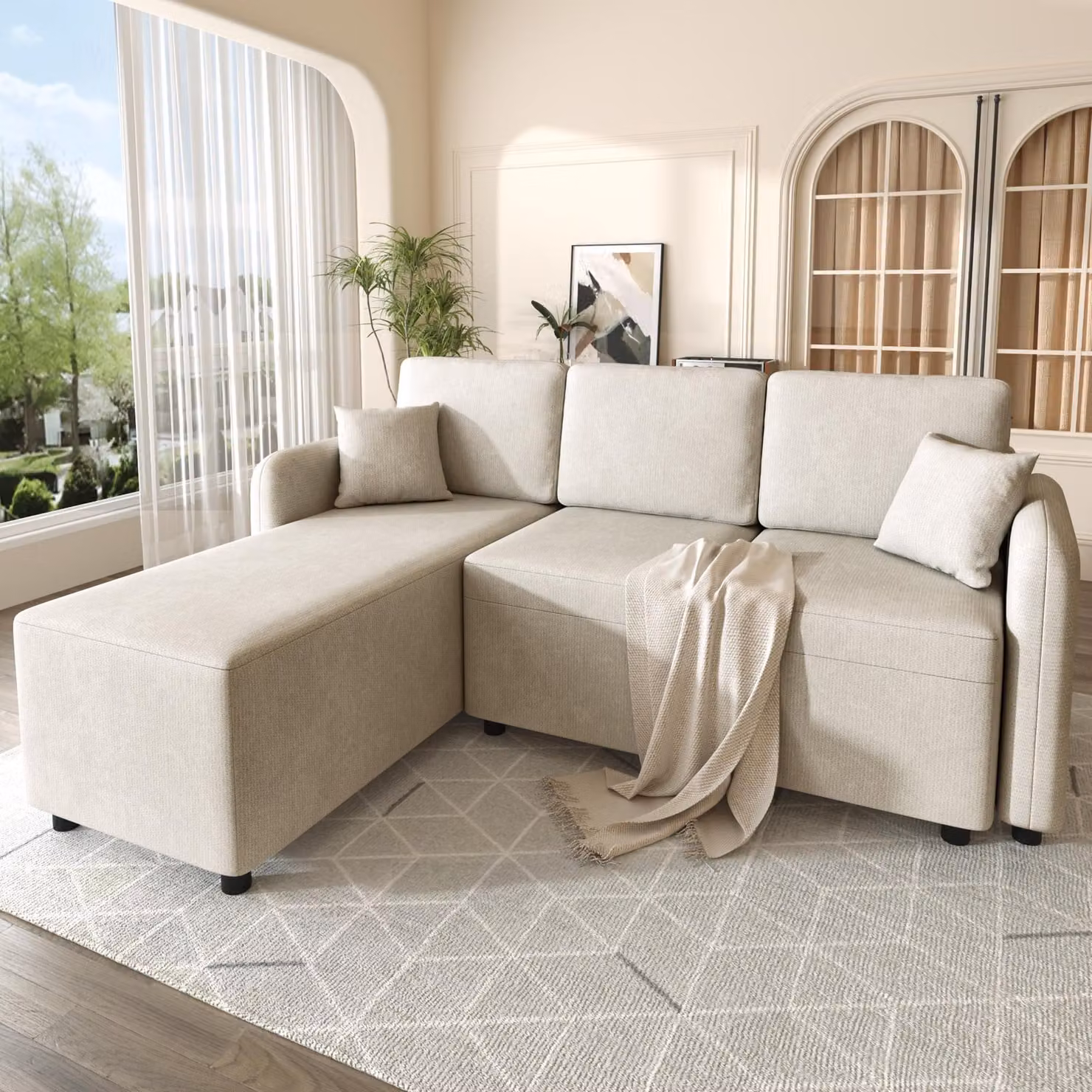 Divano angolare a forma di L, 3 posti, superficie di riposo di 144 cm, rivestito in chenille, imbottitura in schiuma ad alta densità, capacità di carico di 150 kg, 2 cuscini (color kaki chiaro)