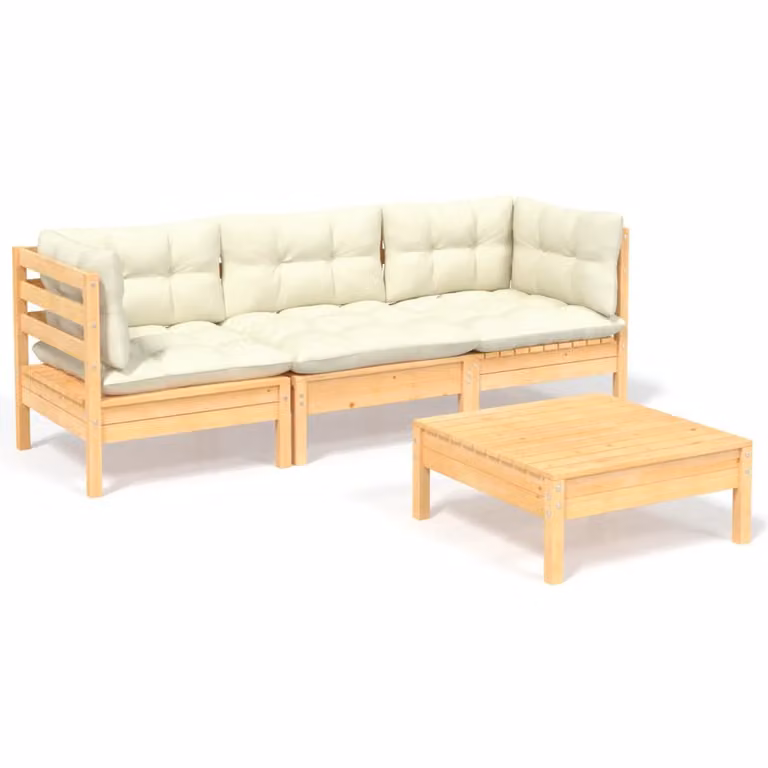 Set Salotto da Giardino 4 pz con Cuscini Crema in Legno di Pino