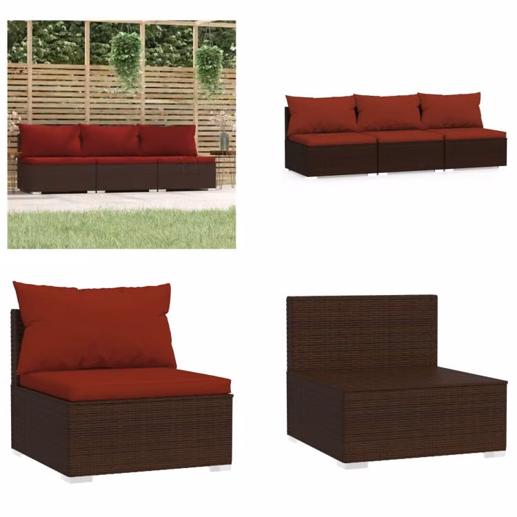 vidaXL Divano a 3 posti con cuscini in poly rattan marrone - Divano a 3 posti - Divani a 3 posti - Divano centrale - Divano a sezione centrale