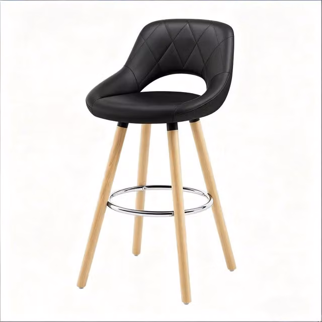 Sgabello da bar moderno con schienale ergonomico in similpelle e legno massello nero H: 91 cm, L: 43 cm, P: 43 cm – 1