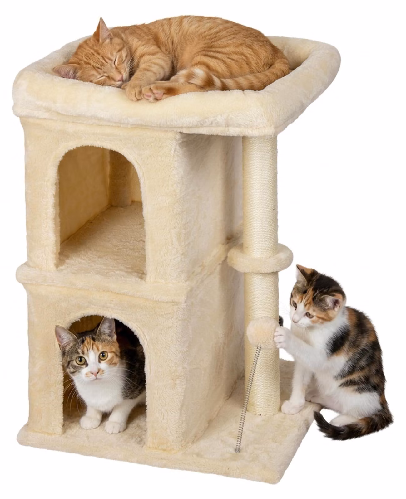 Albero per gatti Relaxdays, con 2 rifugi e giocattoli, rivestito in sisal, con area relax, rifugio per gatti, dimensioni: 71 x 46 x 40 cm, materiale morbido, colore beige